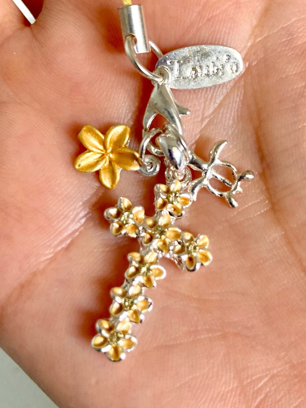 Laule’a Hawaii yellow Silver tone flower Cross phone Charm NWOT